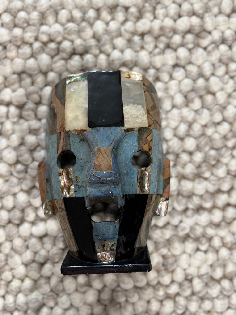 Handcrafted Mosaic Inlay Stone Mask Sculpture - Blue and Black